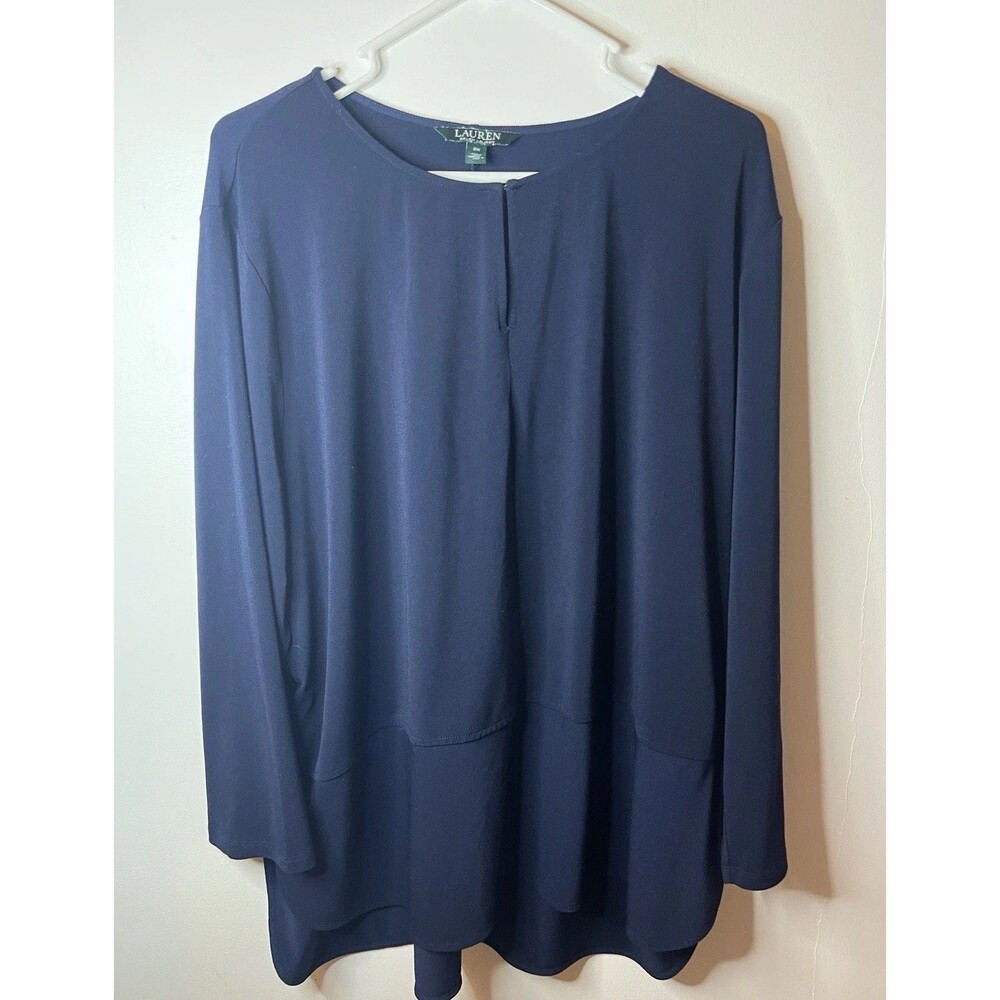 Ralph Lauren Women's 3X Tunic Blouse Navy Blue Stretchy 3/4 Sleeves Keyhole